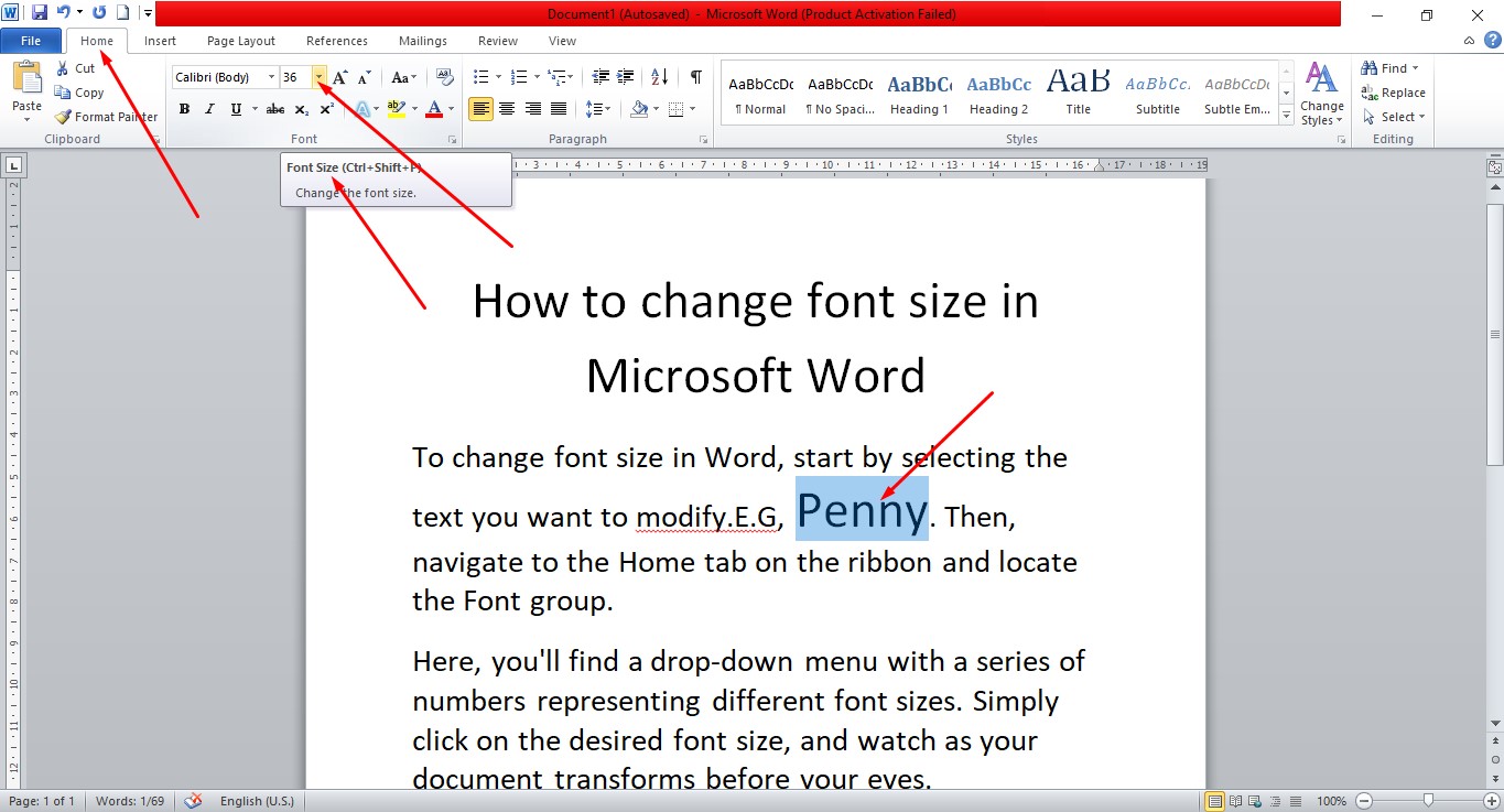 How to change font size in Microsoft Word