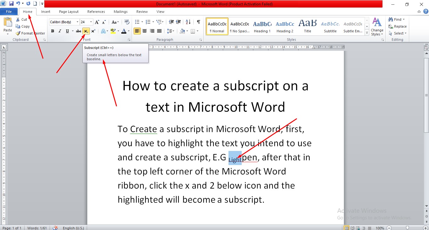 How to create a subscript on a text in Microsoft Word