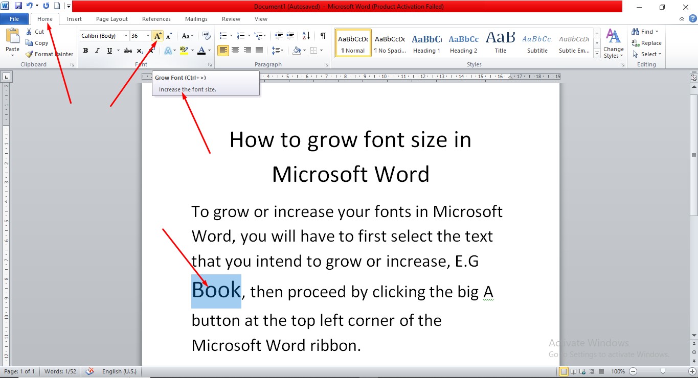 How to grow font size in Microsoft Word