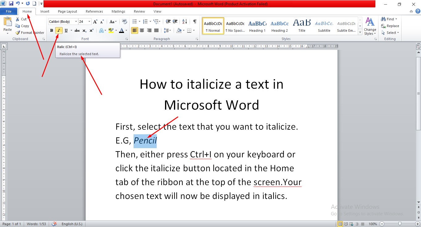 How to italicize a text in Microsoft Word