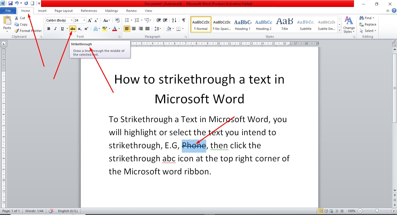 How to strikethrough a text in Microsoft Word