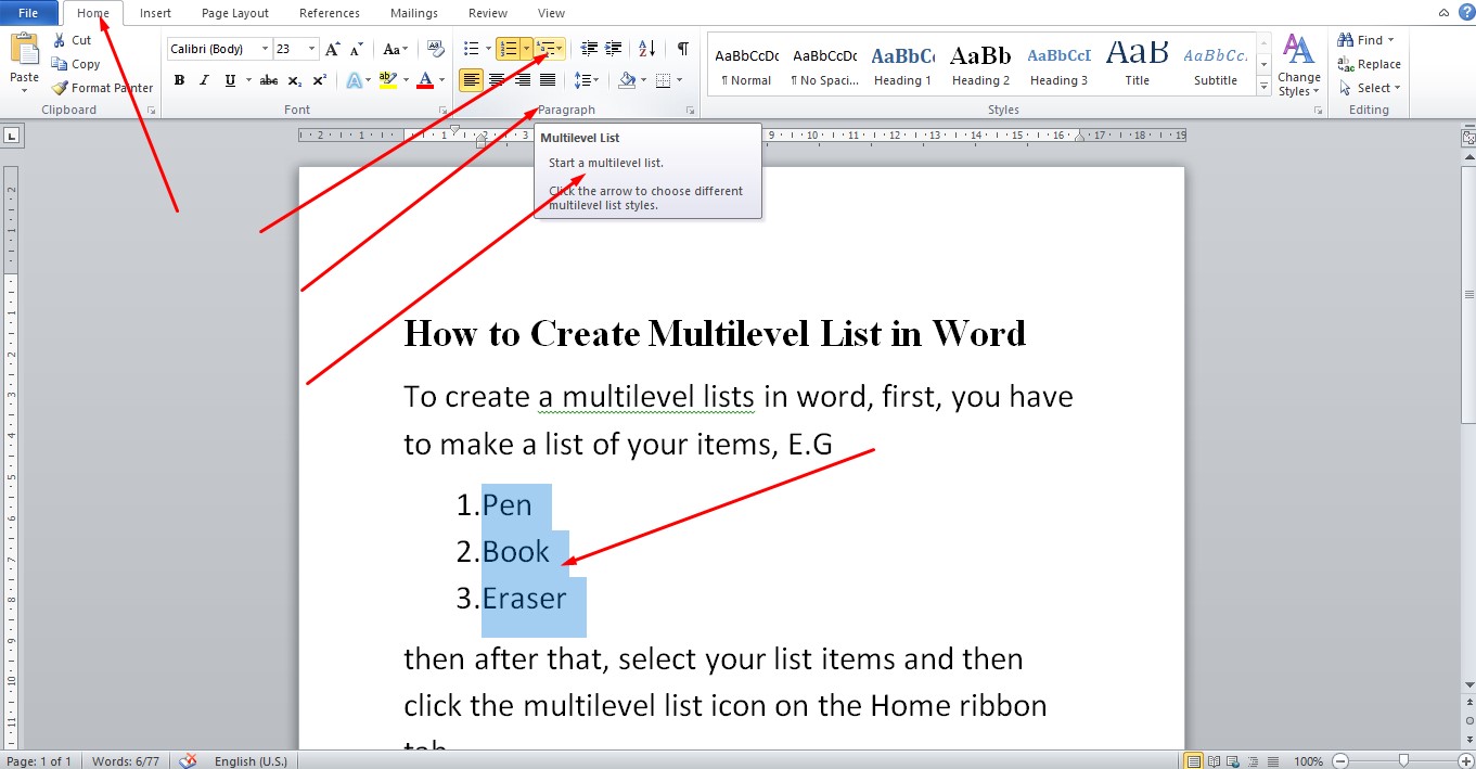 How to create a multilevel list in word