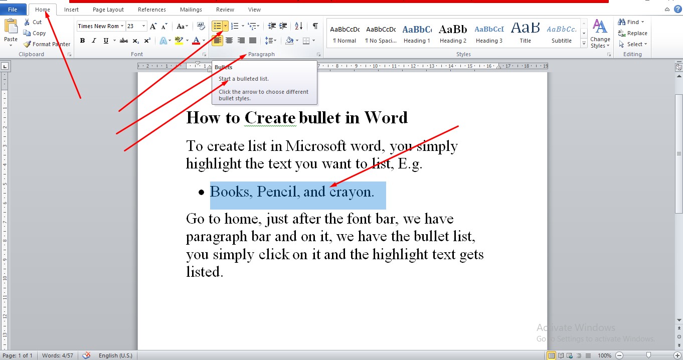 How to create bullet in word
