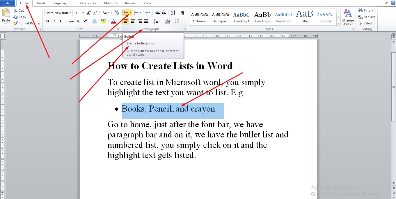 How to create lists in word